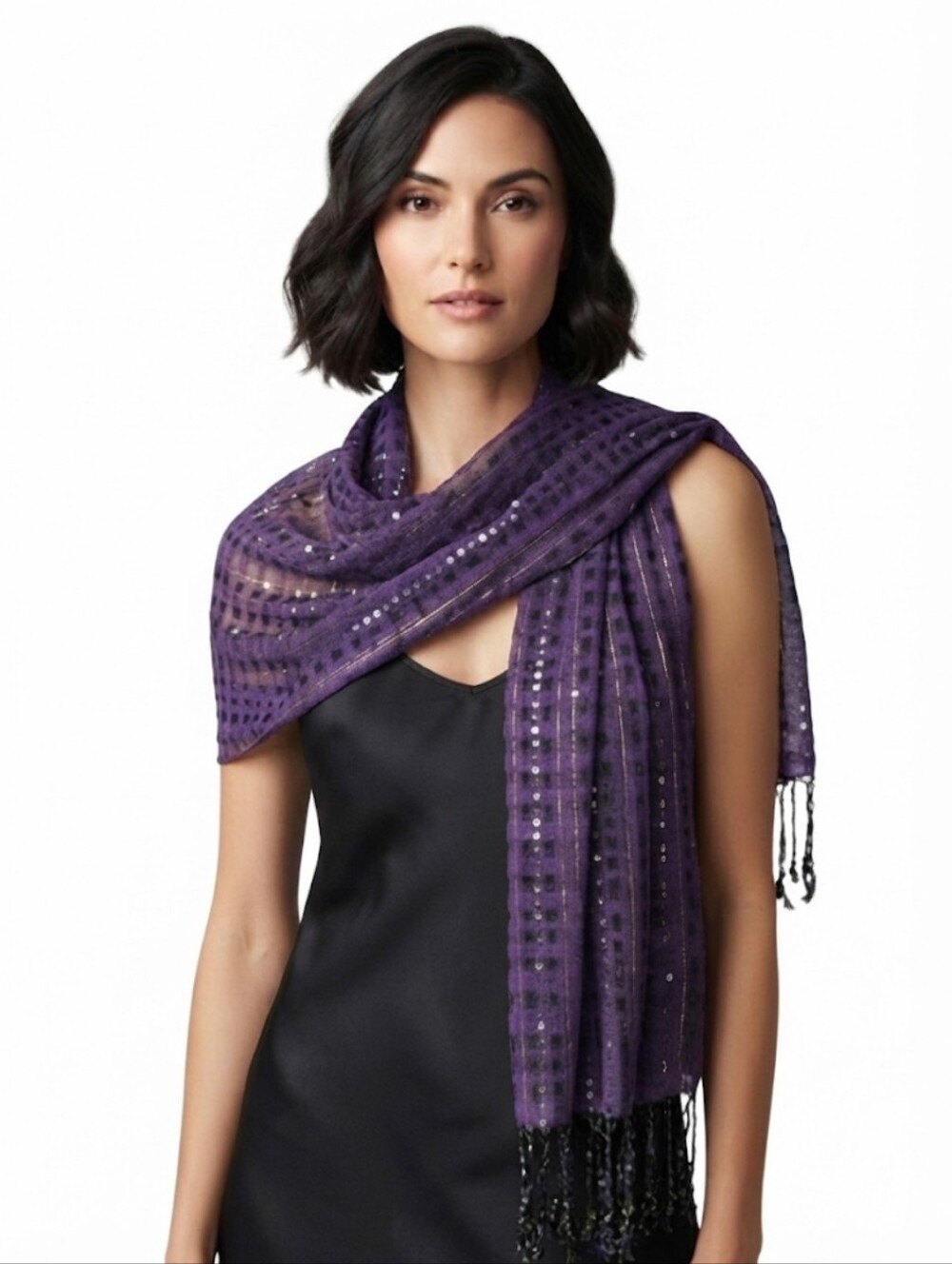 Purple Sparkle Shawl/Scarf With Silver Sequins & Gold Threads/ Evening Wrap